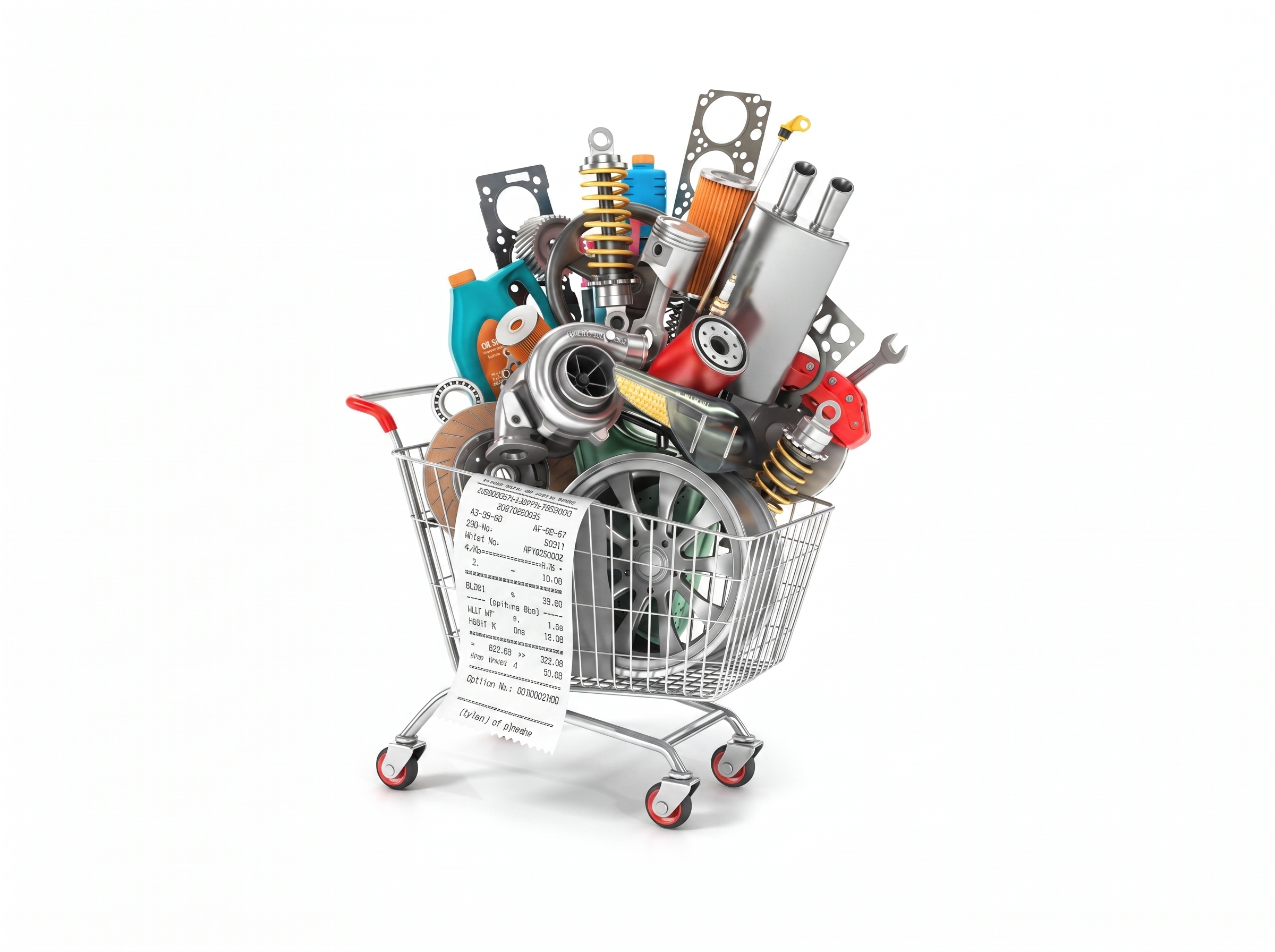 Carrinho de compras com autopeças do universo de Serviços